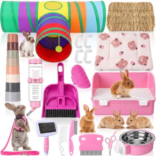 34 Pcs Rabbit Starter Kit Rabbit Litter Box Small Animal Water Bottle Cups Bunny Tunnels Animal Grooming Kit Bowl Blanket with Cleaning Set for Guinea Pig Bunny Accessories (Style 2,Pink)