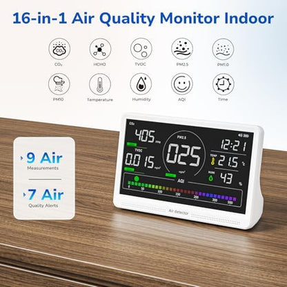 Fil-Fresh 16 in 1 Air Quality Monitor Indoor, CO2 Monitor Air Quality Tester with 9 Display+7 AQI Alerts for CO2, TVOC, HCHO, PM2.5, PM1.0, PM10, Time, Temperature, Humidity Meter, 7" Large Display