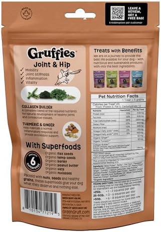 Gruffies Joint & Hip Dog Treats, Peanut Butter Soft Treats with Turmeric, Ginger & Flaxseed, USDA Organic, Non-GMO, Soy-Free, Wheat-Free, Corn-Free, Made in Canada, 6 oz (Pack of 6)