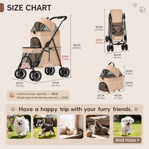 YYW Double Pet Stroller Foldable 2 Carriages Lockable Wheels Khaki