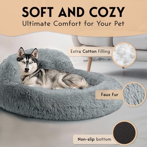 PetJett Dog Beds Large Sized Dog - 36'' Calming Round Bed, Washable Dog Bed - Anti-Slip Super Soft Donut Bed, Fluffy Faux Fur Anti-Anxiety Premium Comfort Pet Bed, Fits Dogs up to 80 lbs - Bright Grey
