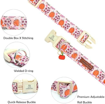 Lionheart glory Halloween Dog Collar-Pumpkin Floral Fall Pink Dog Collars with Cute Ghost Pendant Soft Adjustable Collar for Large Dogs Female Male Collars Party Pet Gift