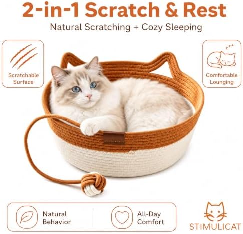 Handwoven Cat Basket Bed, Natural Cotton Rope Cat Bed with Hanging Ball Toy, Breathable Woven Cat Nest,Scratchable Basket for Sleeping, Playing and Relaxing (Green Large(15-31lbs |19" Wide))