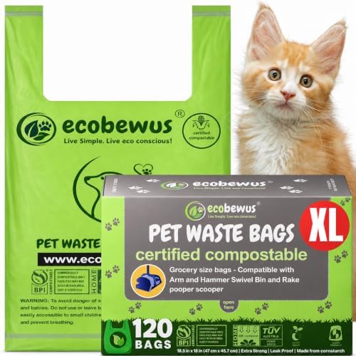 Certified Compostable XL Pet Waste Bag (120 ct.) Plant-Based Cat Litter Bags Cornstarch Doggy Poop Bags with Handles Compost Liners US BPI ASTM D6400 & OK Compost Home Certified (120 ct)