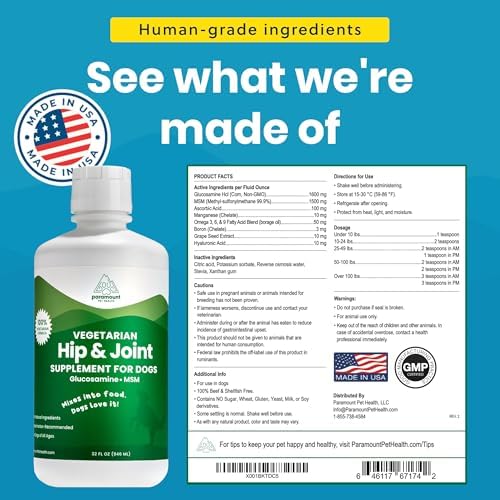 Plant-Based Liquid Glucosamine for Dogs, 1600mg Joint Support, MSM, Glucosamine & Omega 3-6-9, Shellfish-Free Dog Arthritis Supplement for Mobility & Flexibility, Made in USA, 32 oz
