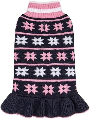 KYEESE Dog Sweater Warm Dog Clothes Fall Winter Pet Coats for Girl Puppy Sweater Dress with Leash Hole for Small Dogs Knit Turtleneck Pullover with Snow Flake Pattern, Girl Navyblue, Medium