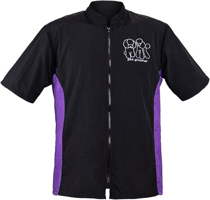 Noverlife Short Sleeves Pet Grooming Workwear With Full Zipper, 3XL Size, Anti-Static Beautician Smock, Lightweight Groomer Cosmetologist Uniforms Style Dog Cat Jacket for Men Women