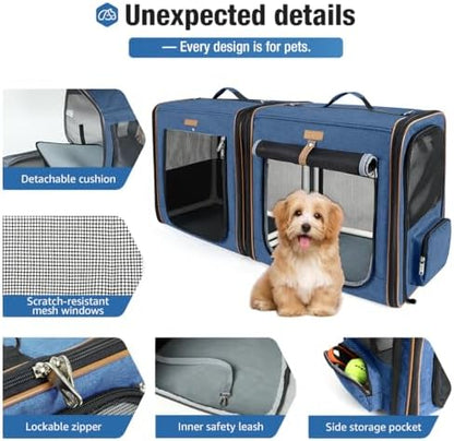 Lekereise Large Cat Carrier for 2 Cats, 2-in-1 Cat Travel Carrier with Litter Box, (17.7" x2) x16.5"x13" Pet Carrier with Zipper Locks for Moving Across The Country (No Hammock) - Blue