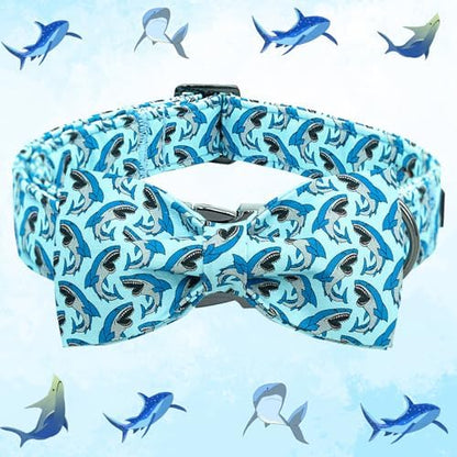 Dog Collar-Shark Print Adjustable Cute Pet Collar Soft Blue Dog Collars with Bow Tie Durable Cotton Metal Buckle Puppy Collar Gift for Large Dogs