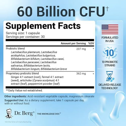Dr. Berg Probiotic Supplement (60 Billion CFUs) - Helps Ease Occasional Constipation, Diarrhea, Gas & Bloating* - Pre and Probiotics for Digestive Health - 30 Probiotic Capsules