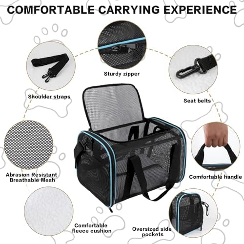 Cat Carrier, Soft-Sided Pet Carrier Bag, Breathable Mesh, Black (Blue, 20 * 13 * 13)