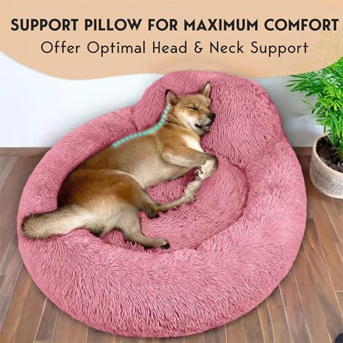 PetJett Calming Medium Dog Bed - 30'' Round Dog Beds, Anti-Slip & Washable Super Soft Fluffy Plush Donut Bed, Anti-Anxiety Premium Comfort Pet Bed, Fits Dogs up to 45 lbs - Pink