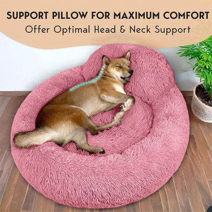 PetJett Calming Medium Dog Bed - 30'' Round Dog Beds, Anti-Slip & Washable Super Soft Fluffy Plush Donut Bed, Anti-Anxiety Premium Comfort Pet Bed, Fits Dogs up to 45 lbs - Pink