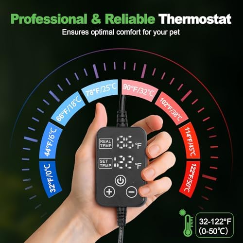 Reptile Heating Pad with Internal Sensor&Thermostat, 8" x 12" 16W Under Tank Heater Mat for 10-40 Gallon Tanks, IP67 Waterproof Safe Heat for Turtles, Bearded Dragons, Snakes, Lizards and Seedling