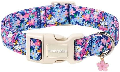 Lionet Paws Floral Dog Collar Summer Wildflowers Daisy Fleabane Collars with Pink Peach Pattern Pendant - Female Girl Dog Collar for Medium Large Dogs M
