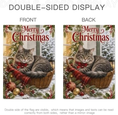 Merry Christmas House Flag 28x40 Inch Tabby Cat Wicker Basket Red Bow Holly Ornament Snowy Vintage Cottage Outdoor Yard Lawn Front Porch Welcome Double Sided Banner Decor