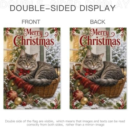 Merry Christmas House Flag 28x40 Inch Tabby Cat Wicker Basket Red Bow Holly Ornament Snowy Vintage Cottage Outdoor Yard Lawn Front Porch Welcome Double Sided Banner Decor