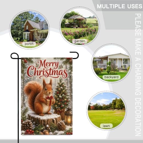 Christmas Squirrel Garden Flag 12x18 Inch Merry Holiday Gift Tree Lantern Pinecone Holly Snowy Woodland Rustic Outdoor Yard Lawn Porch Double Sided Banner Farmhouse Welcome Decor