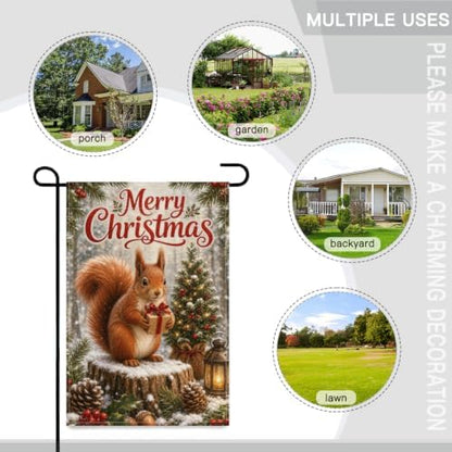 Christmas Squirrel Garden Flag 12x18 Inch Merry Holiday Gift Tree Lantern Pinecone Holly Snowy Woodland Rustic Outdoor Yard Lawn Porch Double Sided Banner Farmhouse Welcome Decor