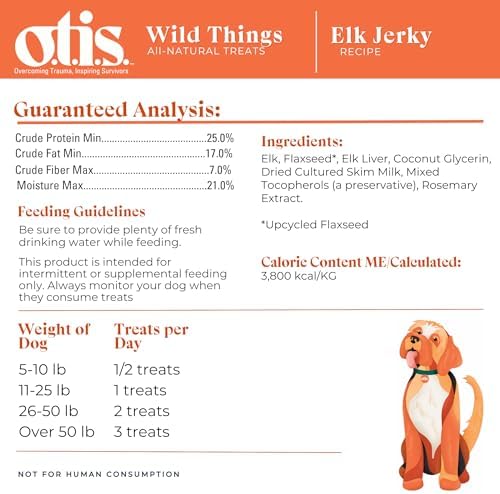 O.T.I.S. Wild Things Elk Recipe Jerky for Dogs – 4 oz – Soft Dog Treats with Elk as 1st Ingredient – GMO-Free – No Hormones or Artificial Colors or Additives