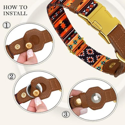 AirTag Dog Collar for Small Medium Large Breed - Adjustable Cute Pattern Dog Collar with Airtag Holder - Soft Leather Tracker GPS Apple Air Tag Pet Collars (Large, 17"-21" Neck Fit, Western)