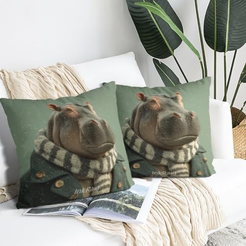 InkRain Winter Animal Cute Hippopotamus Pillow Cover 20x20 Inch Set of 2 Home Decor Decorative Cotton Linen Illustration Pillowcases for Living Room House Sofa
