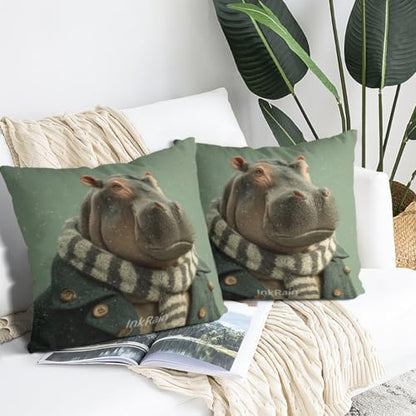 InkRain Winter Animal Cute Hippopotamus Pillow Cover 20x20 Inch Set of 2 Home Decor Decorative Cotton Linen Illustration Pillowcases for Living Room House Sofa