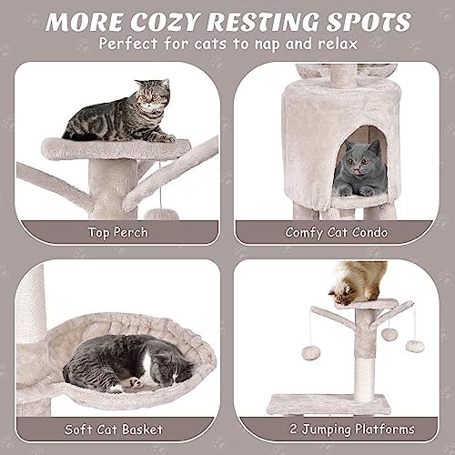 PETSITE 56 Inches Cat Tree for Indoor Cats, Multi-Level Cat Tower with Sisal Scratching Posts and Ladder, Tall Cat Tree with Top Perch, Hammock, Cat Condo & Jumping Platforms for Cats Kittens