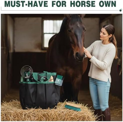 Abbylike 12 Piece Horse Grooming Kit with Organizer Tote Bag Brush Sets for Derby Day Show Horses Professional Tools for Care & Massage(Khaki and Green)