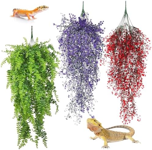 PINVNBY 3 Pack Reptile Plants Terrarium Hanging Fake Vines with Suction Cup Artificial Leaves for Bearded Dragons Lizards Geckos Snake Hermit Crab (Green, Purple and Red)