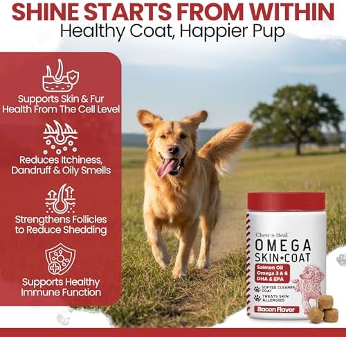 Omega 3 Fish Oil for Dogs, Bacon Flavor - 180 Soft Chews for Skin and Coat