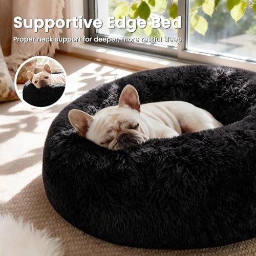 Love's cabin Calming Cat Bed for Indoor Cats, Anti-Anxiety Donut Round Dog Bed,Fluffy Faux Fur Washable Pet Bed for Small Medium Dogs and Cats, Black, 24in