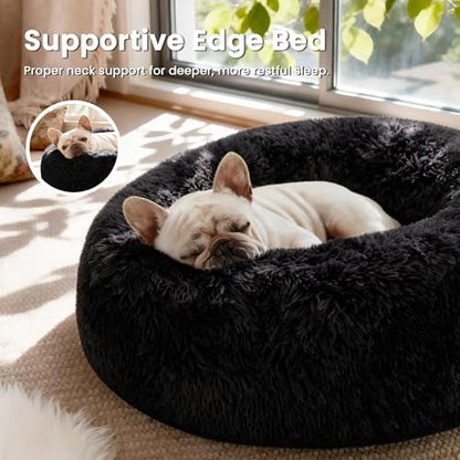 Love's cabin Calming Cat Bed for Indoor Cats, Anti-Anxiety Donut Round Dog Bed,Fluffy Faux Fur Washable Pet Bed for Small Medium Dogs and Cats, Black, 20in