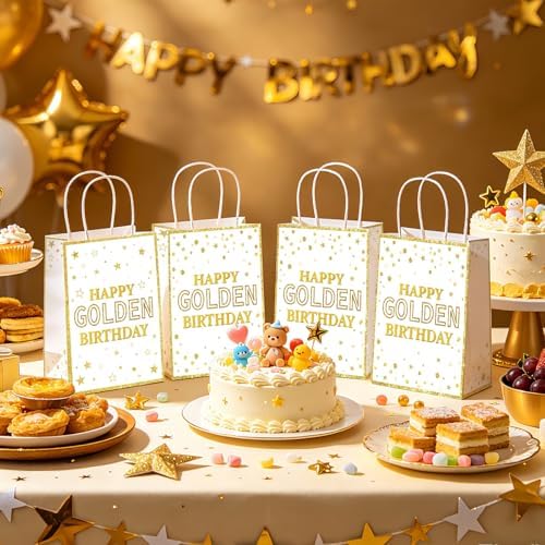 16Pcs Happy Golden Birthday Party Favor Bags White Gold Goodie Bag