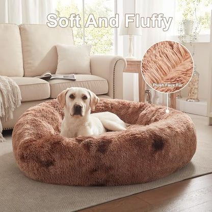 45 in Faux Fur Donut Dog Bed for Extra Large Dogs,Tie-dye Brown