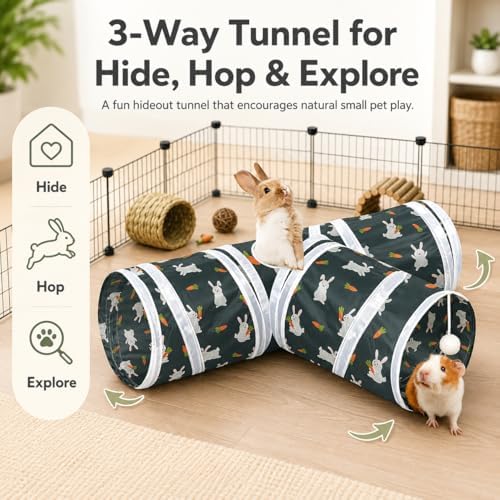 Rabbit Tunnel Toy, Collapsible 3-Way Hideout Tunnel with Chew Toys for Rabbits, Guinea Pigs, Ferrets, Kittens & Small Pets - Gray & White Bunny Carrot Design Hideout (33"x20"x9.5")