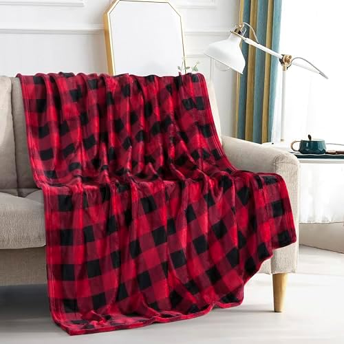 Elegant Comfort Velvet Touch Ultra Plush Christmas Holiday Buffalo Plaid Fleece Throw/Blanket-50 x 60inch, Buffalo Burgundy