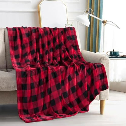 Elegant Comfort Velvet Touch Ultra Plush Christmas Holiday Buffalo Plaid Fleece Throw/Blanket-50 x 60inch, Buffalo Burgundy