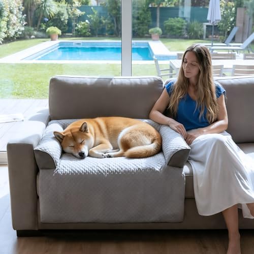GGIB Cooling Dog Bed Mat with Bolster Pillow Washable Dog Couch Cover Breathable Summer Pet Couch Bed Protector Indoor(Medium, Cooling Grey)