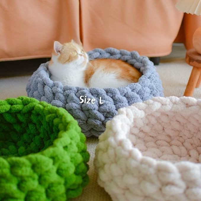 Cat Nest Bed, Handwoven Washable Round Cave Kitten (Grayish Blue,M)