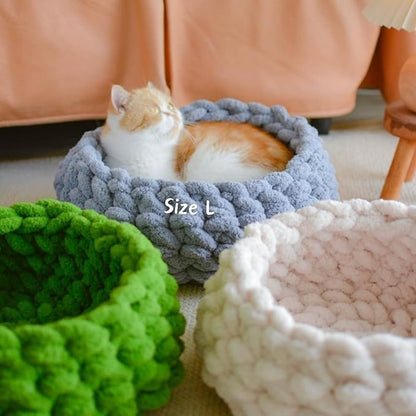 Cat Nest Bed, Handwoven Washable Round Cave Kitten (Grayish Blue,M)
