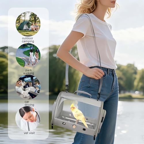 Bird Carrier, Portable Small Bird Parrot Parakeet Carrier with Standing Perch and Stainless Steel Tray, Side Access Window Collapsible (Grey, Cylinder Design - Clear)