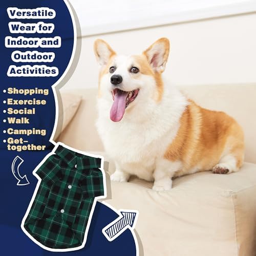 Paiaite Plaid Dog Shirt: Classic CheckeGreen Style in Pure Cotton for Large, Medium, and Small Breeds, Comfort, Breathability, and Elegance. Perfect for Everyday Wear, and Photoshoots Green XS