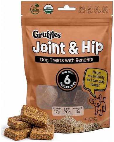 Gruffies Joint & Hip Dog Treats, Peanut Butter Soft Treats with Turmeric, Ginger & Flaxseed, USDA Organic, Non-GMO, Soy-Free, Wheat-Free, Corn-Free, Made in Canada, 6 oz (Pack of 1)