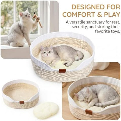 Cat Basket with Cushion, 20 Inch Cotton Rope Pet Sleeping Bed