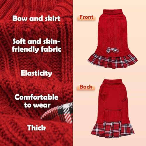 YUDODO Small Dog Sweater Dress with Bowtie Turtleneck - Knitted Pet Clothes