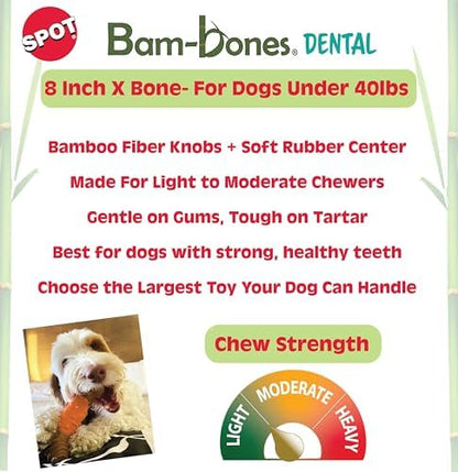 SPOT Bam-Bones Dental X-Bone - Made with Bamboo Fiber and a Massaging Rubber Center, Durable Oral Care Dog Chew for Light Chewers & Teething Puppies under 40lbs, 8in Allergen Free Peanut Butter Flavor