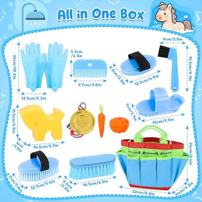deAO Horse Grooming Brush Kit 12Pcs Horse Tack with Tote Bag,Care Tool,Blue