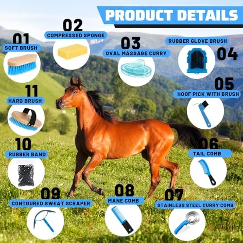 Abbylike 12 Pieces Horse Grooming Kit Equine Care Brushes,Blue