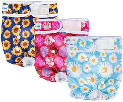 Pet Soft Female Dog Diapers, 3 Pack Washable Dog Diapers for Dogs in Heat, Reusable Dogs Period Panties, Puppy Diapers Female (Flower, L)